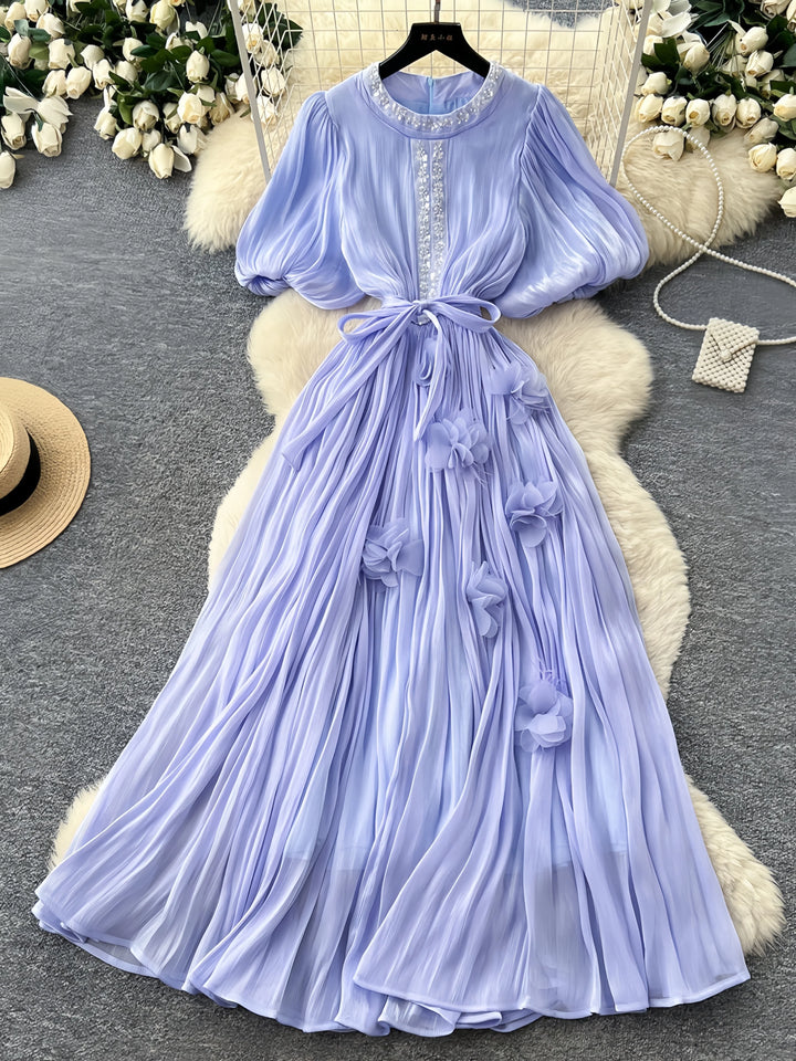 A-Line/Princess Scoop Floral 3D Flowers Wedding Guest Dresses Tea-Length Short Sleeves with Belt
