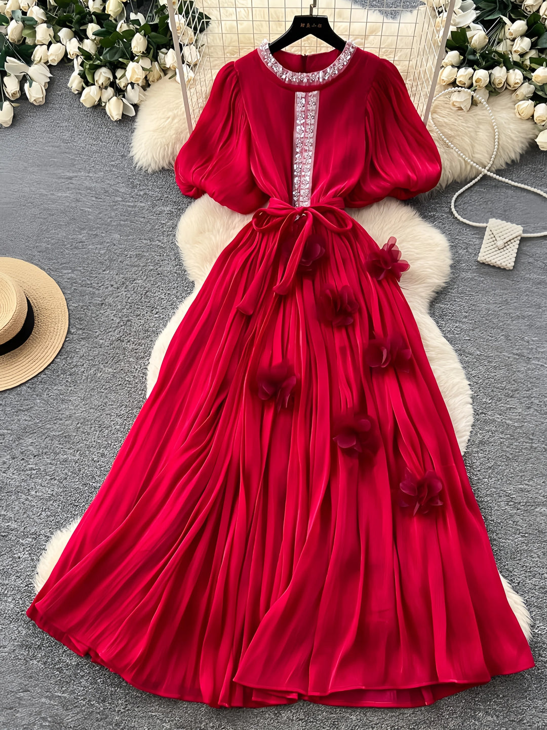 A-Line/Princess Scoop Floral 3D Flowers Wedding Guest Dresses Tea-Length Short Sleeves with Belt