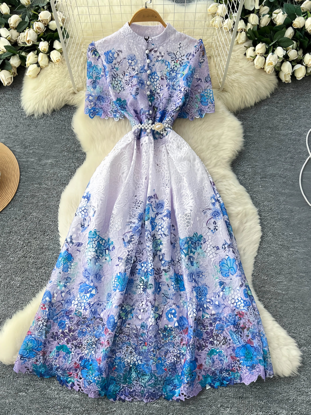 A-Line/Princess Scoop Lace Floral Wedding Guest Dresses Tea-Length Short Sleeves with Belt