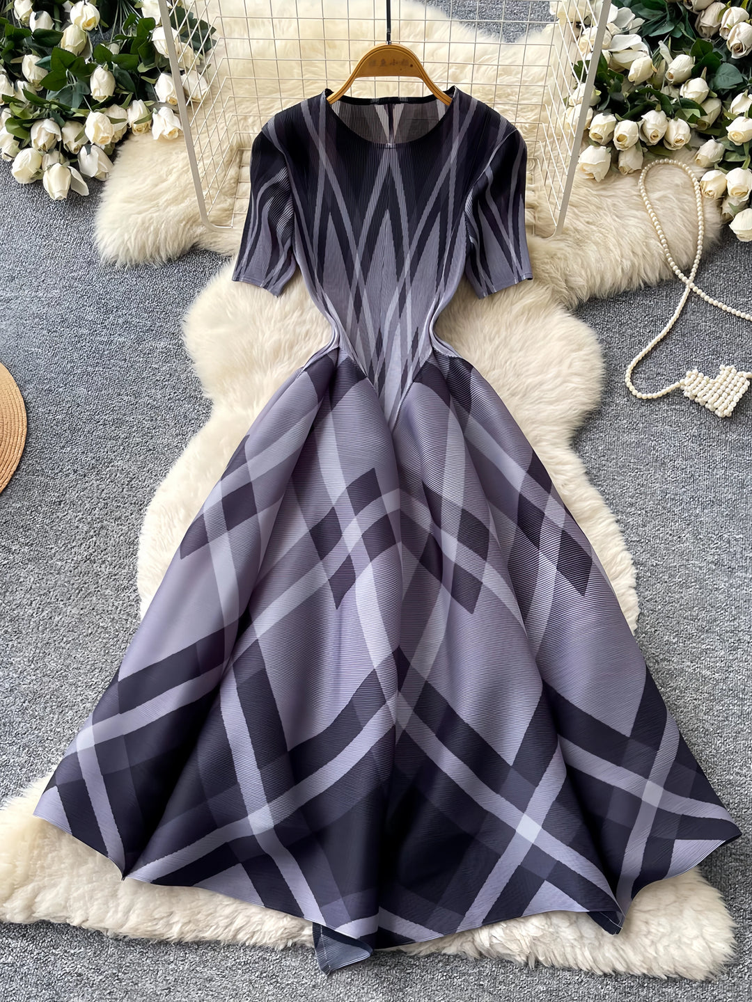 A-Line/Princess Scoop Floral Geometric Plaid Wedding Guest Dresses Tea-Length Short Sleeves