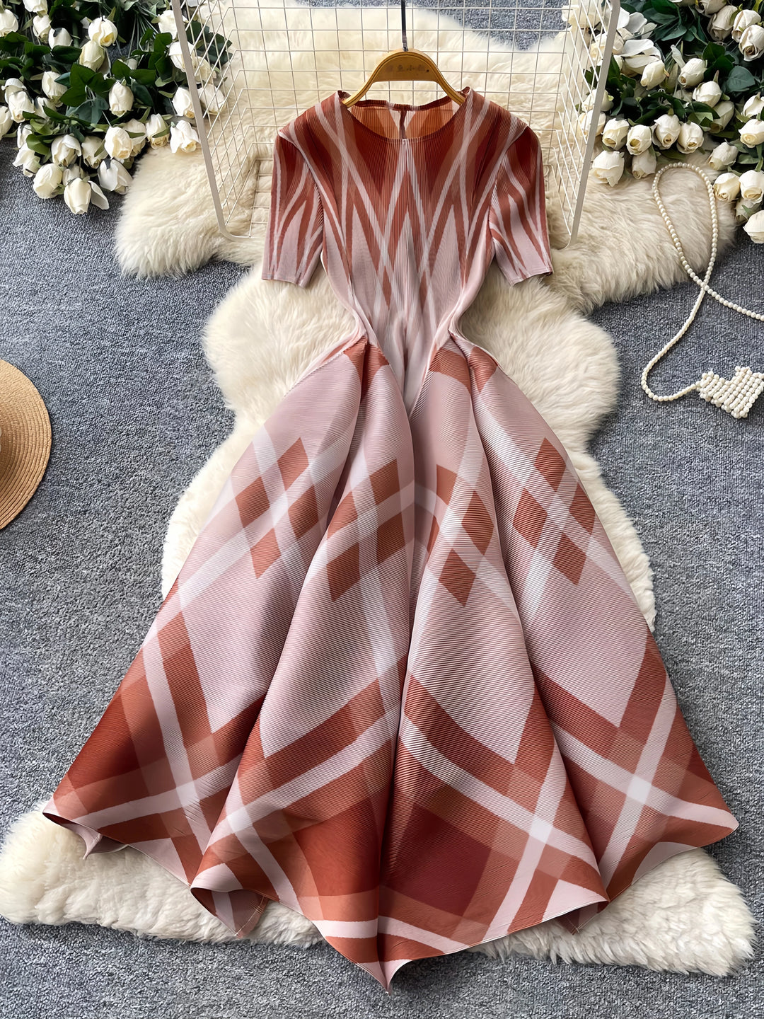 A-Line/Princess Scoop Floral Geometric Plaid Wedding Guest Dresses Tea-Length Short Sleeves
