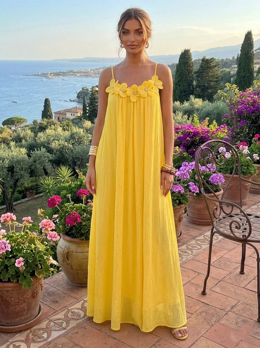 A-Line/Princess Spaghetti Straps Chiffon Crepe Formal Dresses with 3D Flower Floor-Length Sleeveless Floral Holiday Dresses