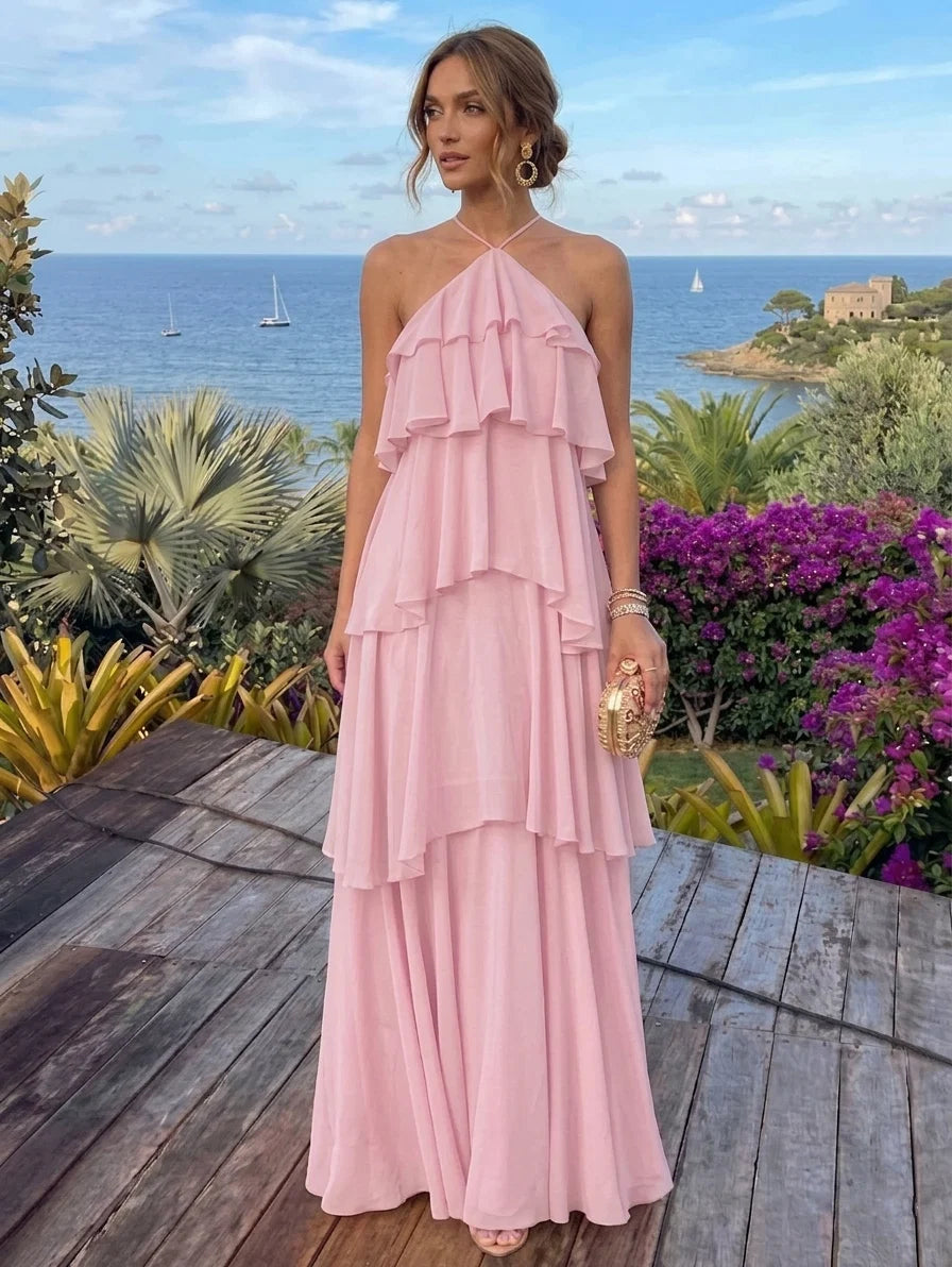 A-Line/Princess Halter Chiffon Formal Dresses Sleeveless Floor-Length Ruffles Holiday Dresses