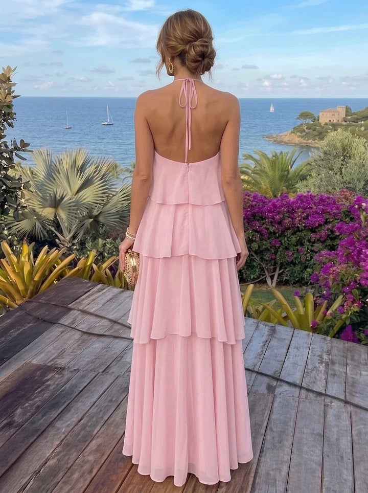 A-Line/Princess Halter Chiffon Formal Dresses Sleeveless Floor-Length Ruffles Holiday Dresses