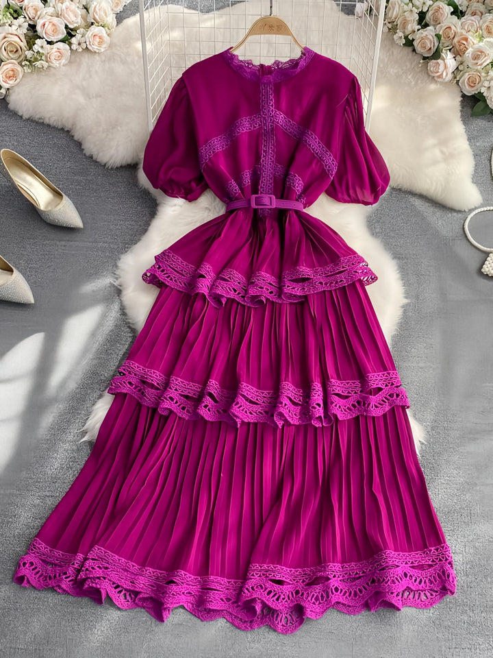 A-Line/Princess Scoop Floral Wedding Guest Dresses Tea-Length Short Sleeves with Belt