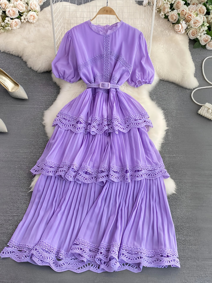 A-Line/Princess Scoop Floral Wedding Guest Dresses Tea-Length Short Sleeves with Belt