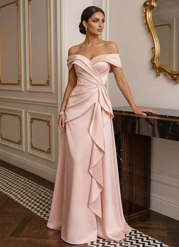 A-Line/Princess Off-the-Shoulder Satin Evening Dresses Floor-Length Ruffles Sleeveless Formal Dresses
