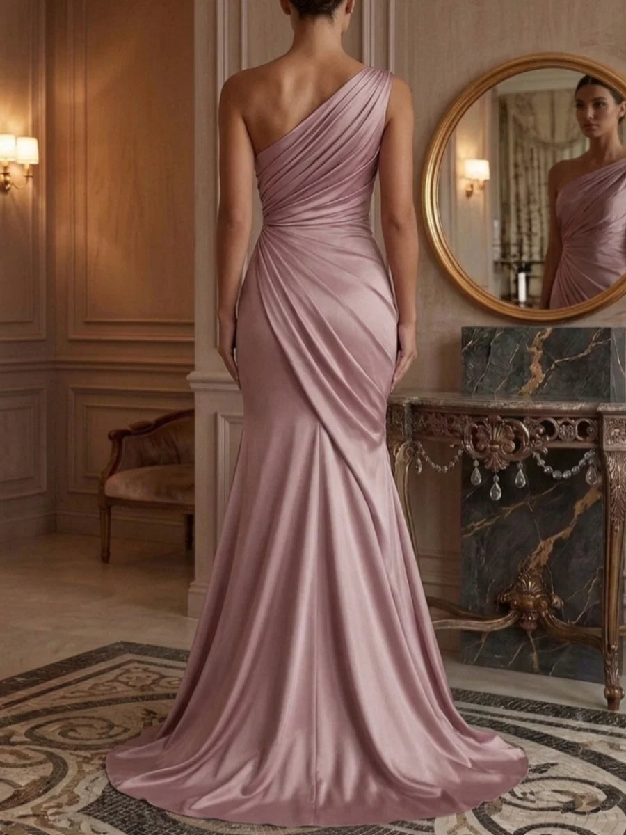 Trumpet/Mermaid One-Shoulder Satin Evening Dresses Floor-Length Ruched Sleeveless Formal Dresses