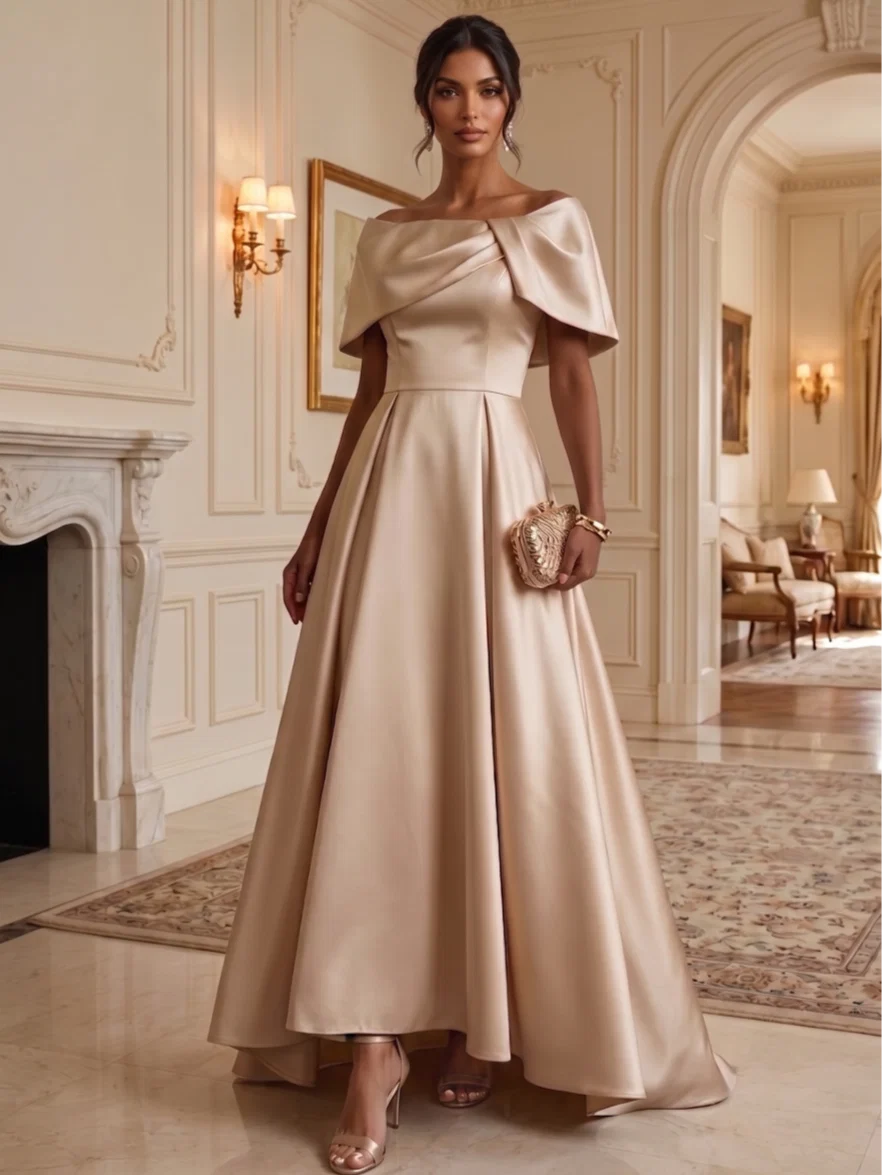 A-Line/Princess Off-the-Shoulder Satin Evening Dresses Asymmetrical Floor-Length Sleeveless Formal Dresses