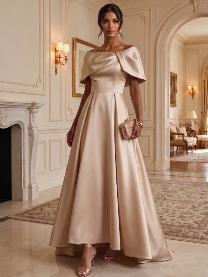 A-Line/Princess Off-the-Shoulder Satin Evening Dresses Asymmetrical Floor-Length Sleeveless Formal Dresses