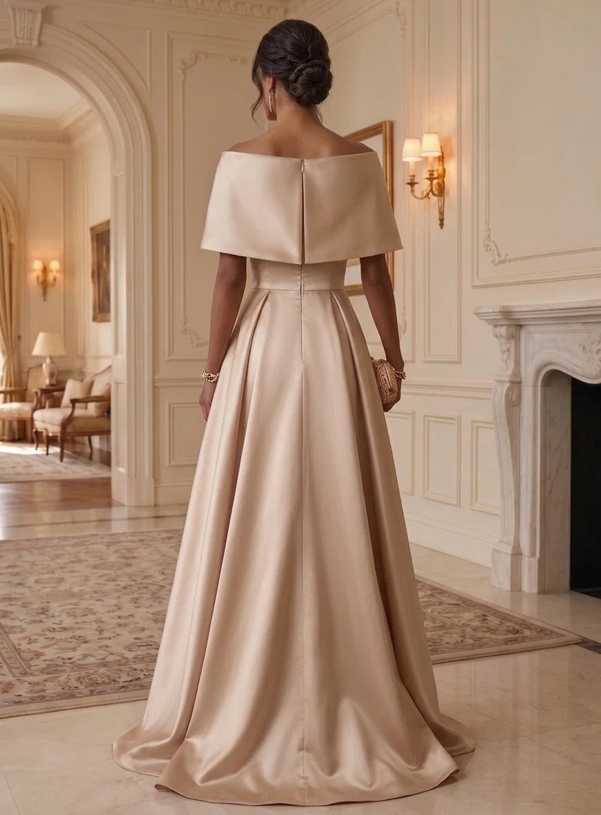 A-Line/Princess Off-the-Shoulder Satin Evening Dresses Asymmetrical Floor-Length Sleeveless Formal Dresses