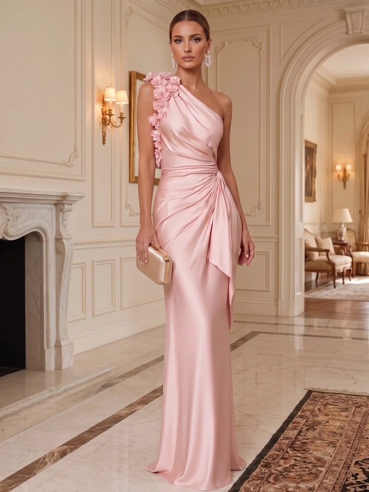 Sheath/Column One-Shoulder Silk Satin Evening Dresses with 3D Flowers Sleeveless Floor-Length Ruffles Formal Dresses