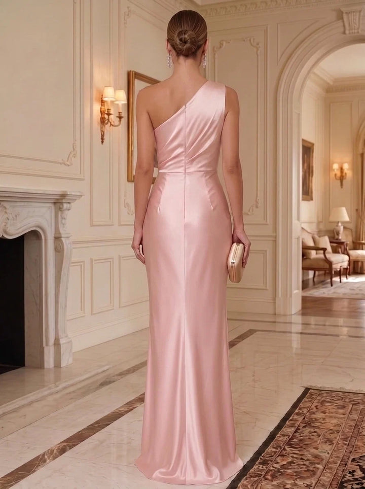Sheath/Column One-Shoulder Silk Satin Evening Dresses with 3D Flowers Sleeveless Floor-Length Ruffles Formal Dresses