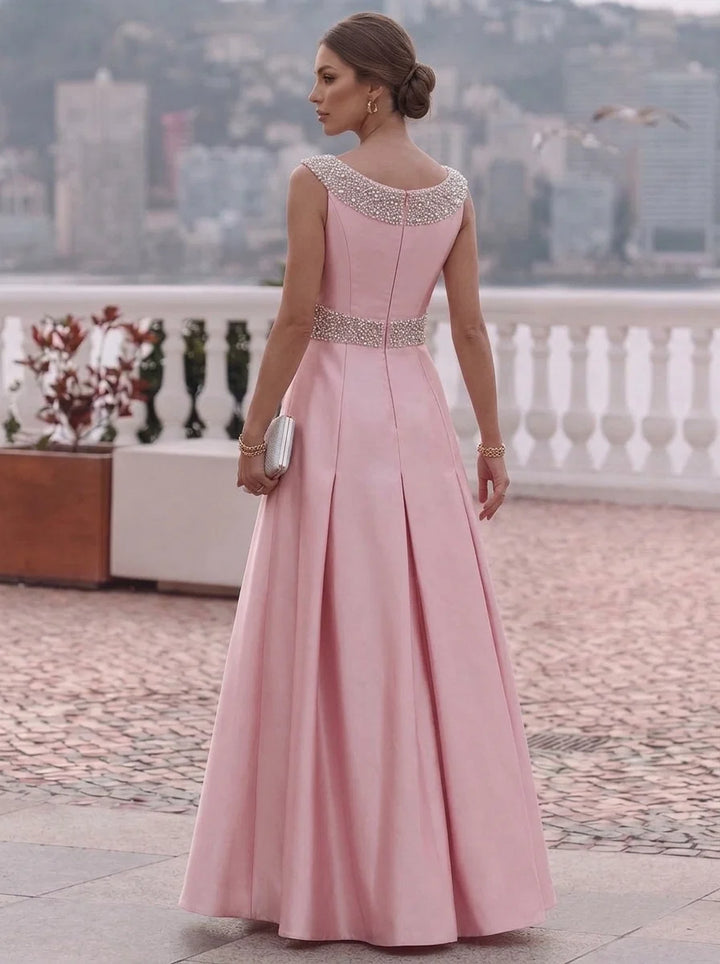 A-Line/Princess Scoop Satin Formal Dresses Ankle-Length Beading Sleeveless Evening Dresses