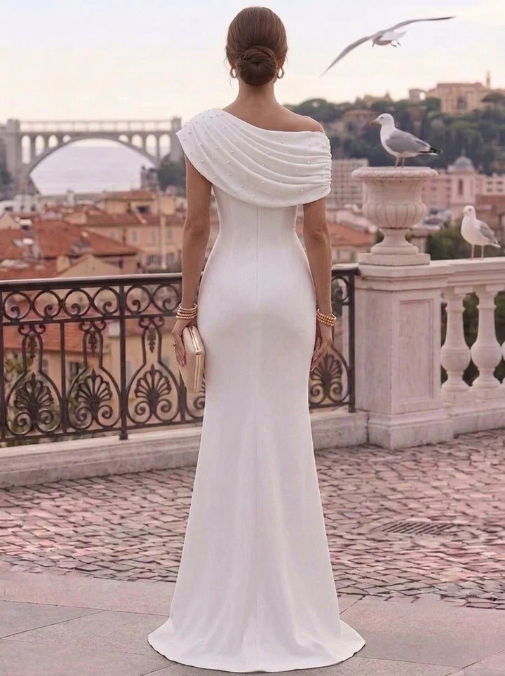 Trumpet/Mermaid One-Shoulder Stretch Satin Formal Dresses Floor-Length Sleeveless Evening Dresses Pearls