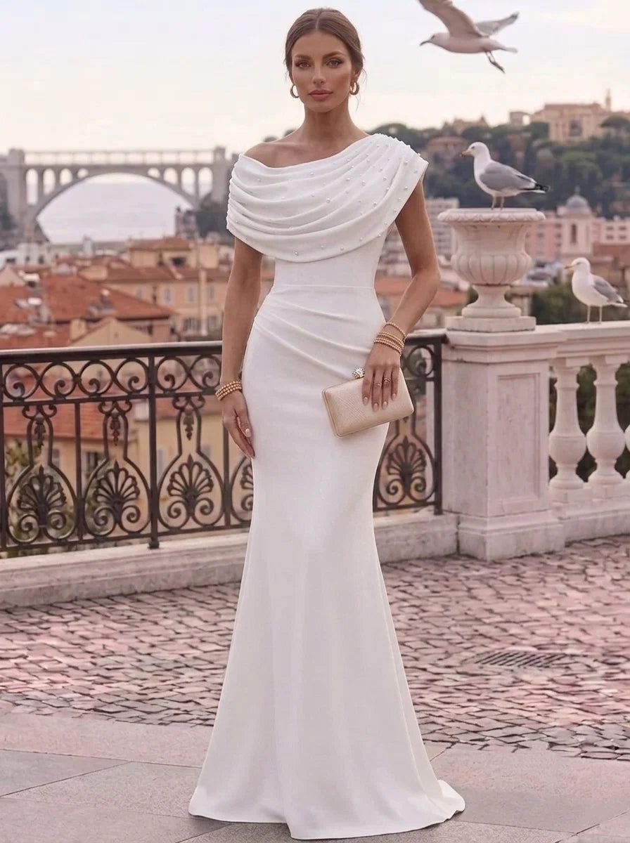 Trumpet/Mermaid One-Shoulder Stretch Satin Formal Dresses Floor-Length Sleeveless Evening Dresses Pearls
