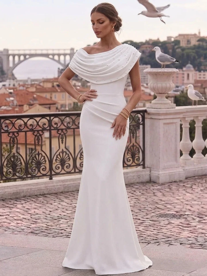 Trumpet/Mermaid One-Shoulder Stretch Satin Formal Dresses Floor-Length Sleeveless Evening Dresses Pearls