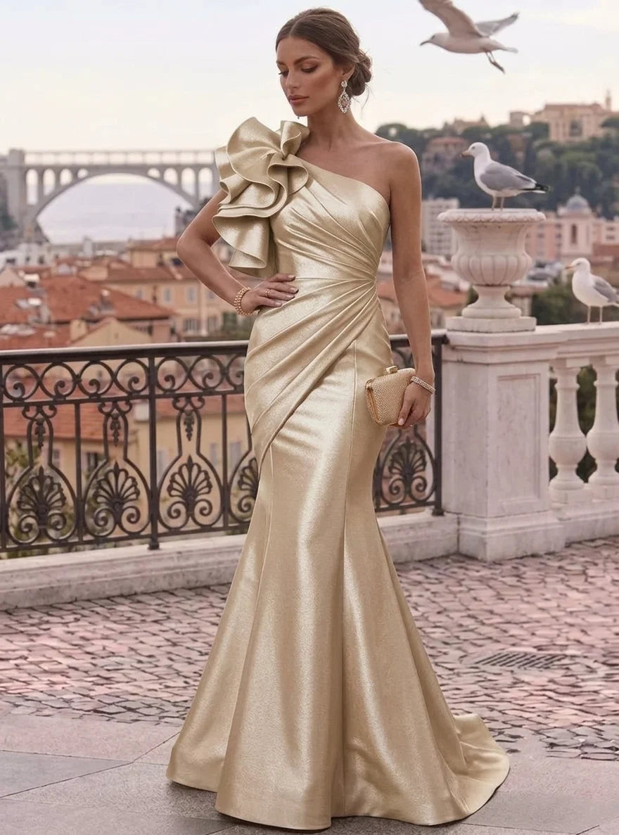 Trumpet/Mermaid One-Shoulder Metallic Formal Dresses Floor-Length Sleeveless Evening Dresses 3D Flower