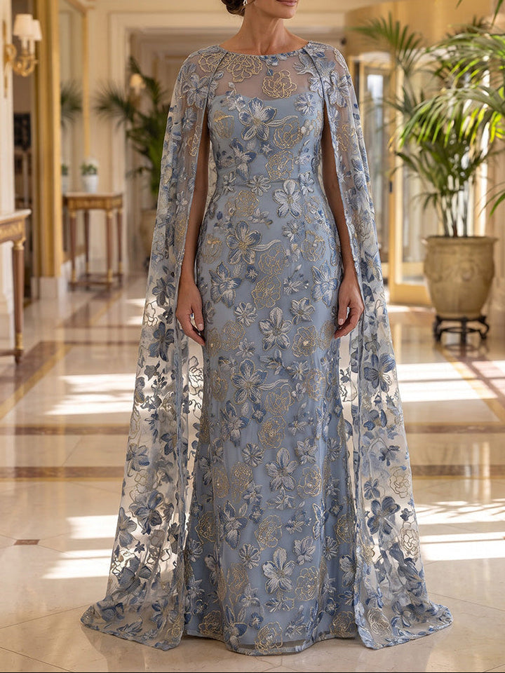 Trumpet/Mermaid Scoop Lace Embroidery Formal Dresses Floor-Length Cape Sleeves Evening Dresses