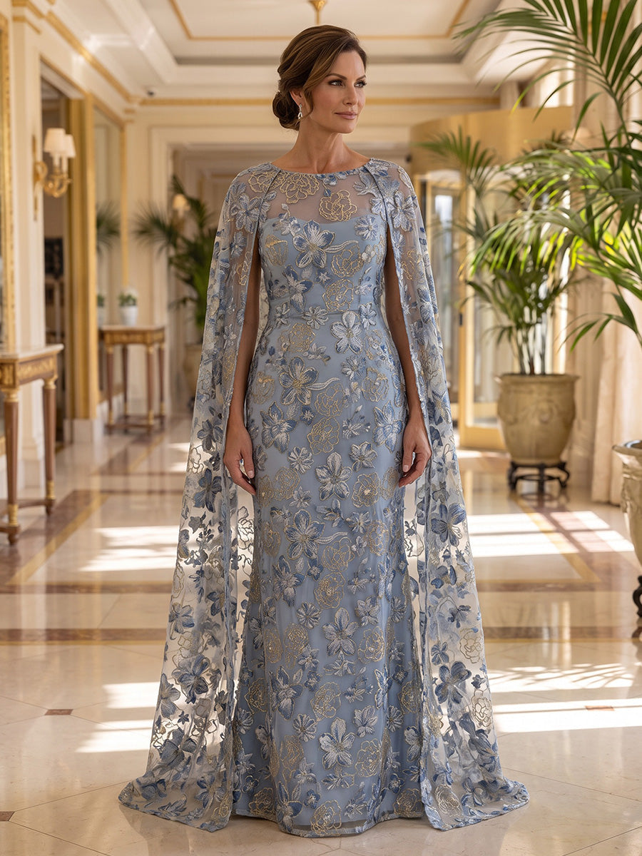 Trumpet/Mermaid Scoop Lace Embroidery Formal Dresses Floor-Length Cape Sleeves Evening Dresses