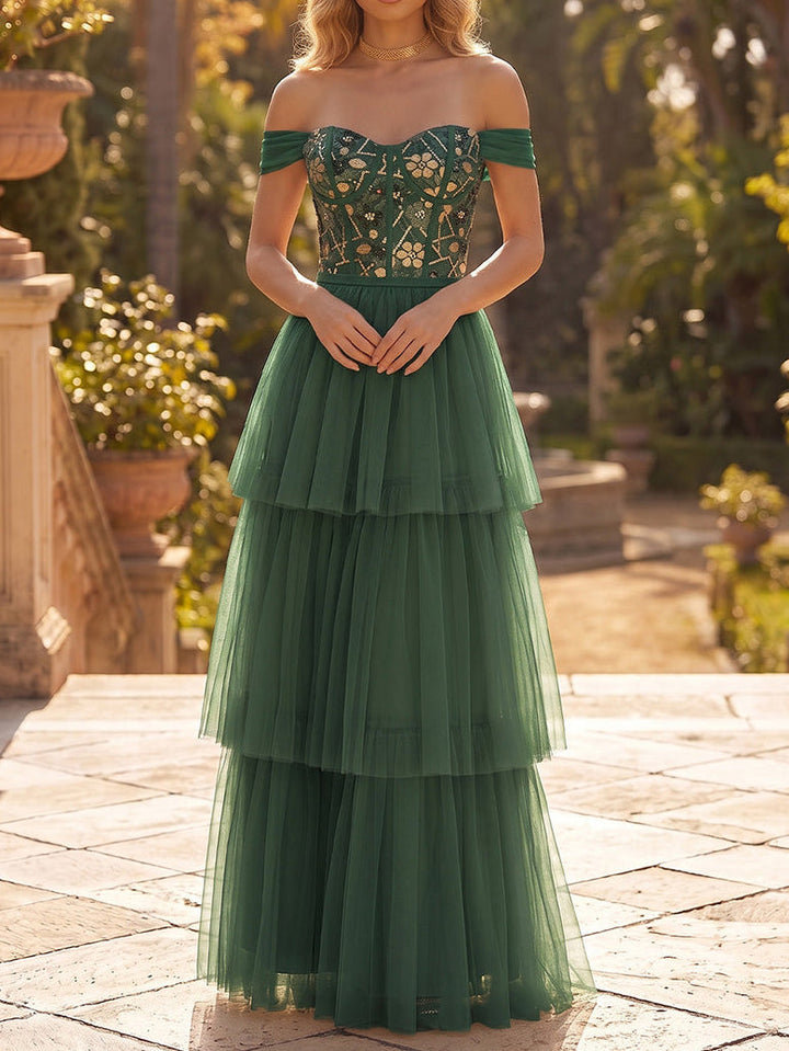 A-Line/Princess Off-the-Shoulder Tulle Formal Dresses Floor-Length Sleeveless Evening Dresses Floral