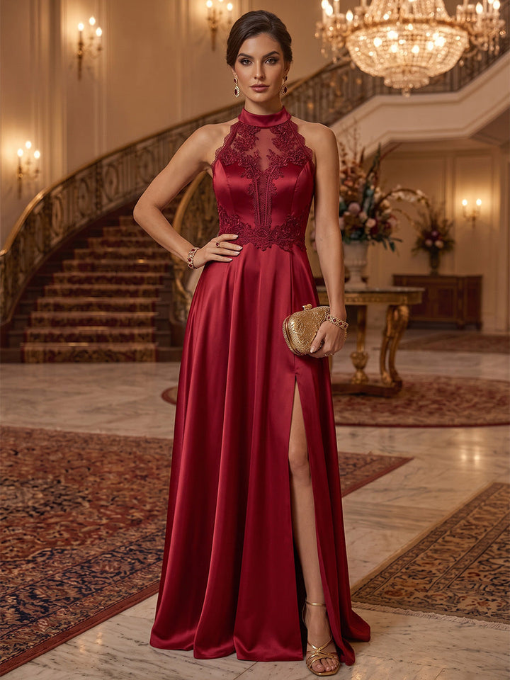 A-Line/Princess Halter Silk Satin Evening Dresses Floor-Length Sleeveless Formal Dresses Lace with Split Side