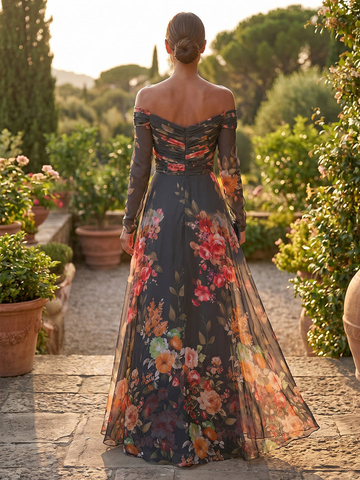 A-Line/Princess Off-the-Shoulder Floral Chiffon Formal Dresses Floor-Length Long Sleeves Evening Dresses