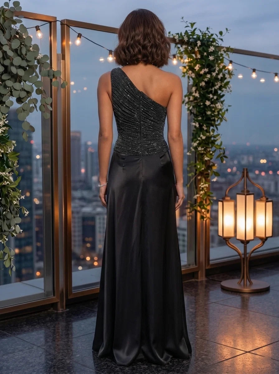 A-Line/Princess One-Shoulder Metallic Mesh Evening Dresses Silk Satin Sleeveless Floor-Length Formal Dresses