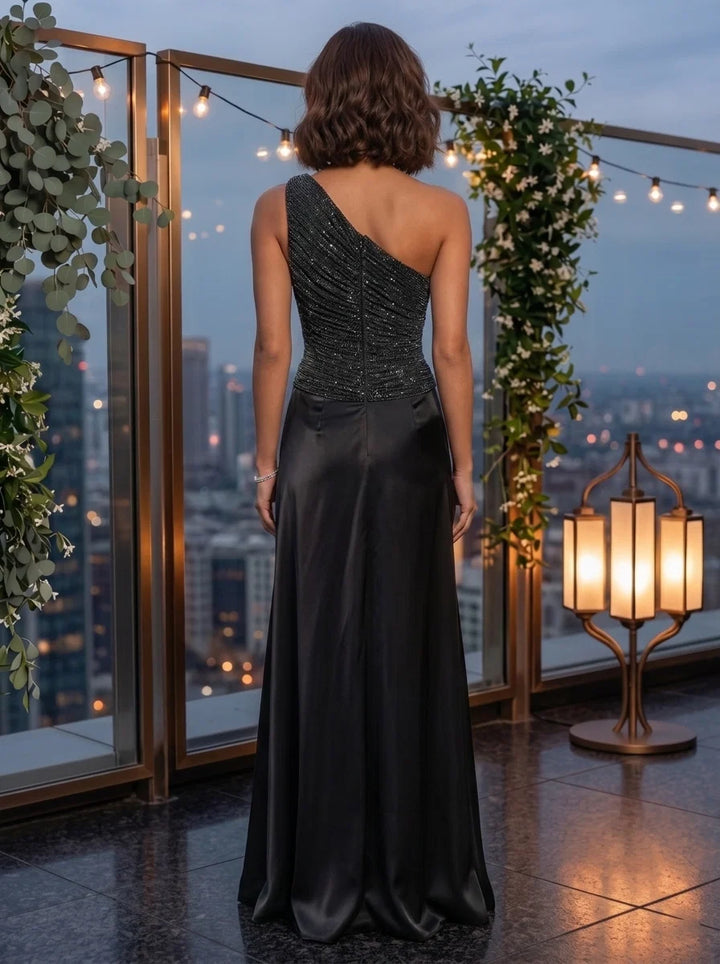 A-Line/Princess One-Shoulder Metallic Mesh Evening Dresses Silk Satin Sleeveless Floor-Length Formal Dresses