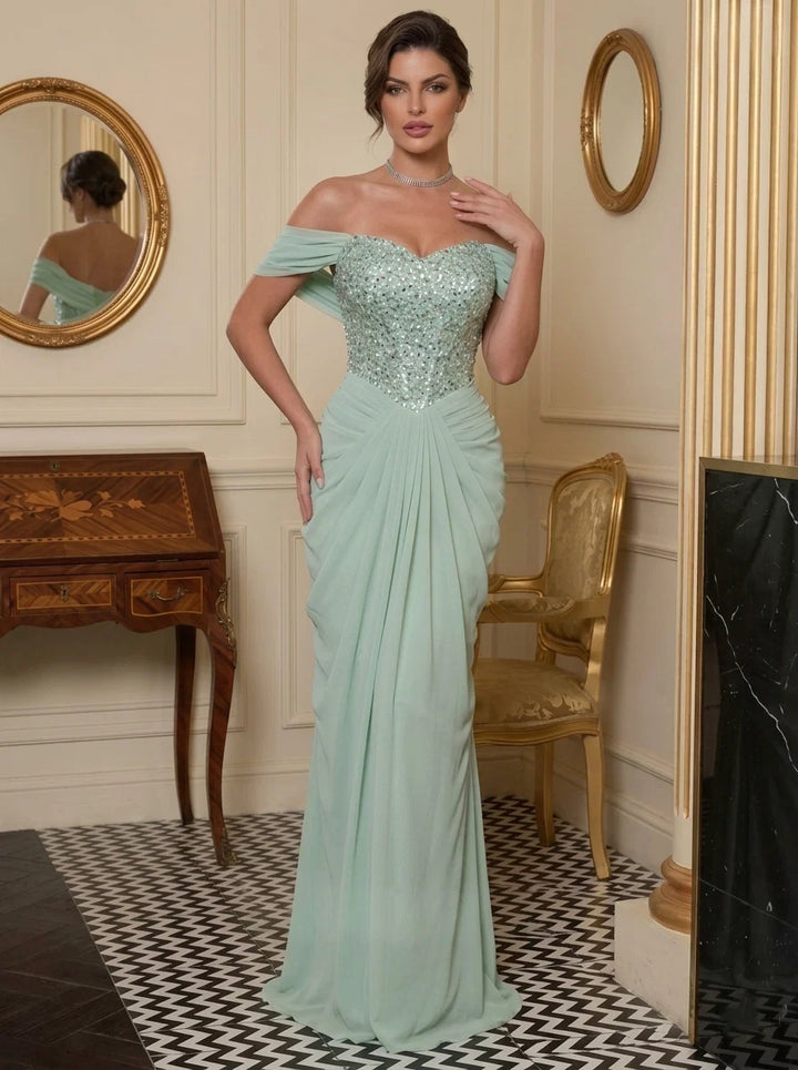 Sheath/Column Off-the-Shoulder Chiffon Evening Dresses Floor-Length Sequins Sleeveless Formal Dresses