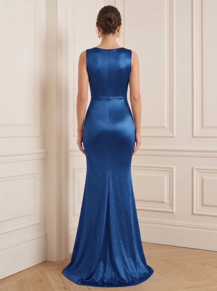 Sheath/Column Cowl Neck Silk Satin Evening Dresses Sleeveless Floor-Length Lace Formal Dresses