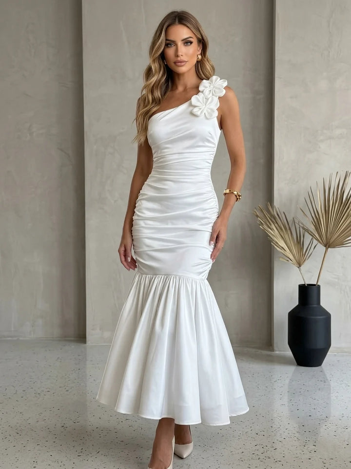 Trumpet/Mermaid One-Shoulder Cocktail Dresses with 3D Flower Ankle-Length Little White Dresses