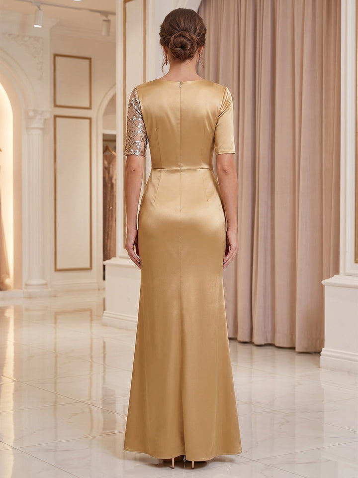 Sheath/Column V-Neck Satin Formal Dresses Floor-Length Short Sleeves Evening Dresses Split Side
