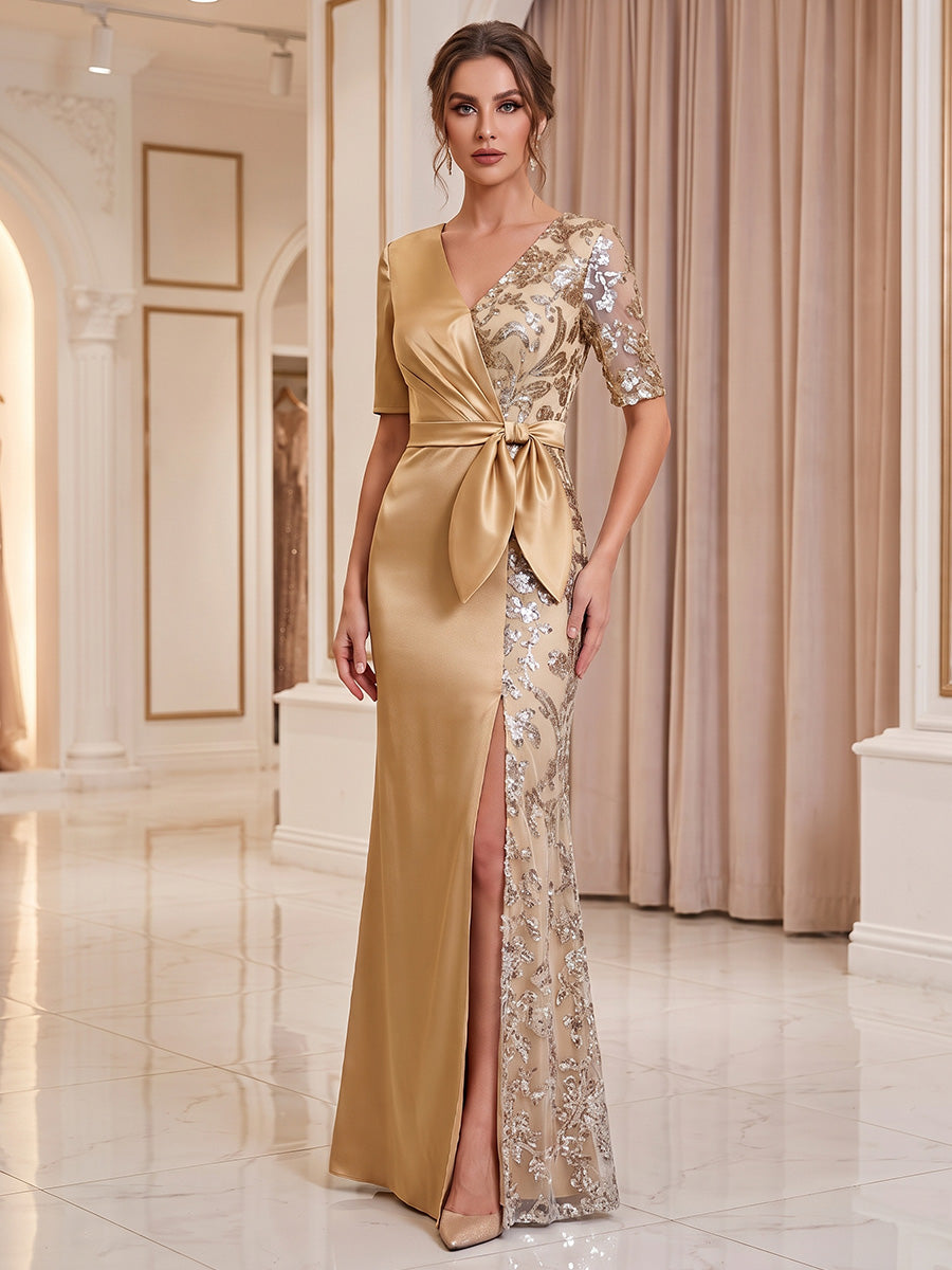 Sheath/Column V-Neck Satin Formal Dresses Floor-Length Short Sleeves Evening Dresses Split Side
