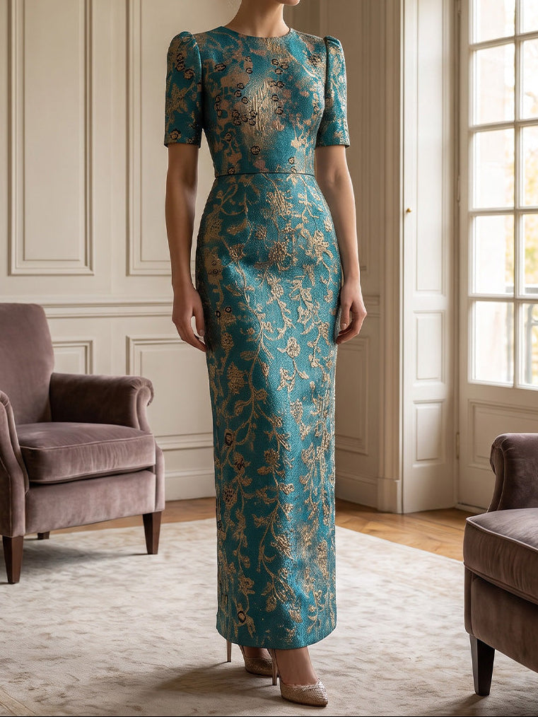 Sheath/Column Scoop Jacquard Formal Dresses Ankle-Length Short Sleeves Evening Dresses Floral