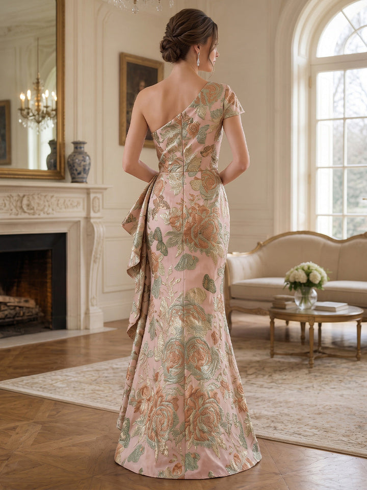Sheath/Column One-Shoulder Jacquard Formal Dresses Floor-Length Sleeveless Evening Dresses Ruffles