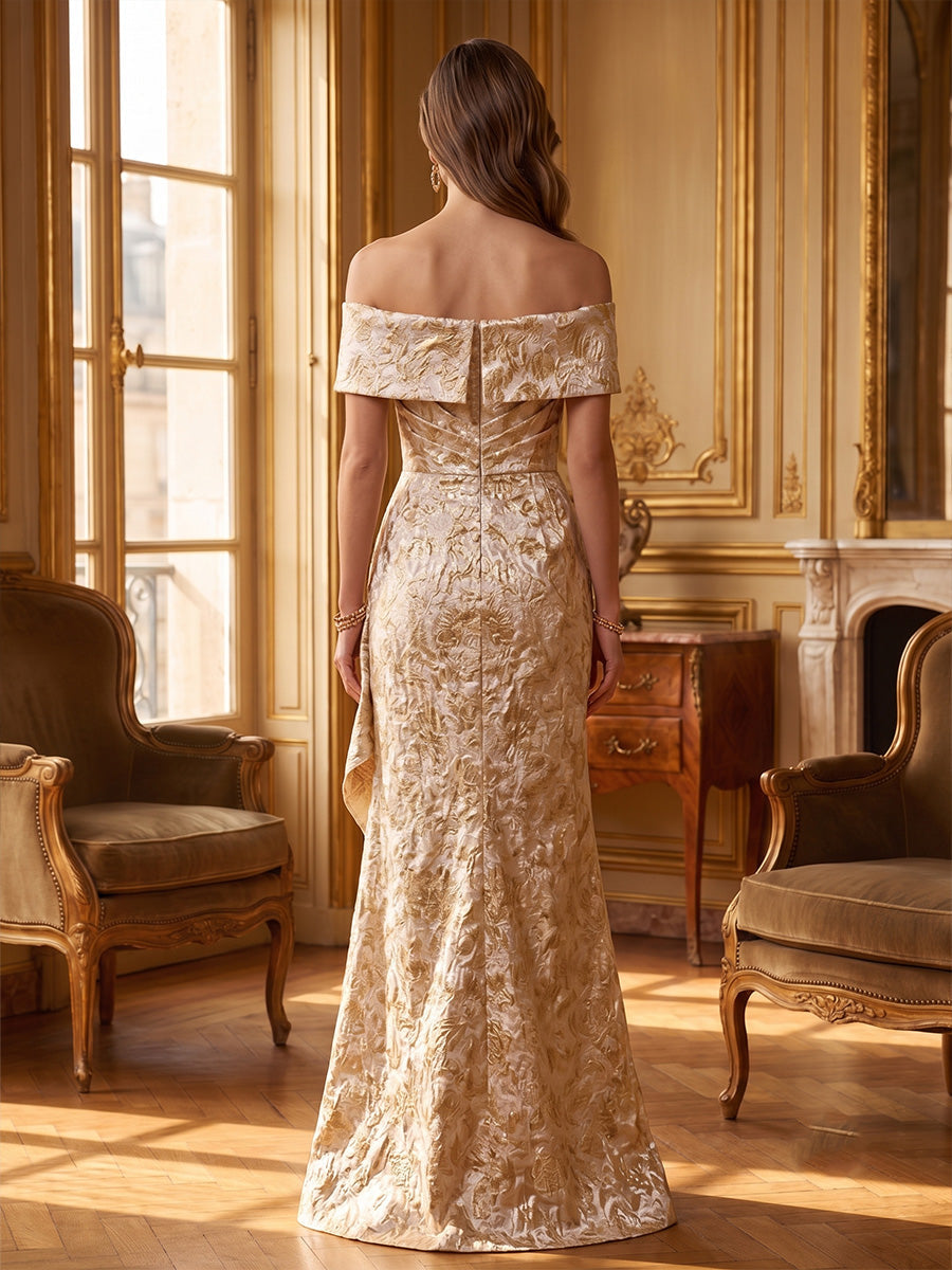 A-Line/Princess One-Shoulder Jacquard Formal Dresses Floor-Length Sleeveless Evening Dresses Ruffles