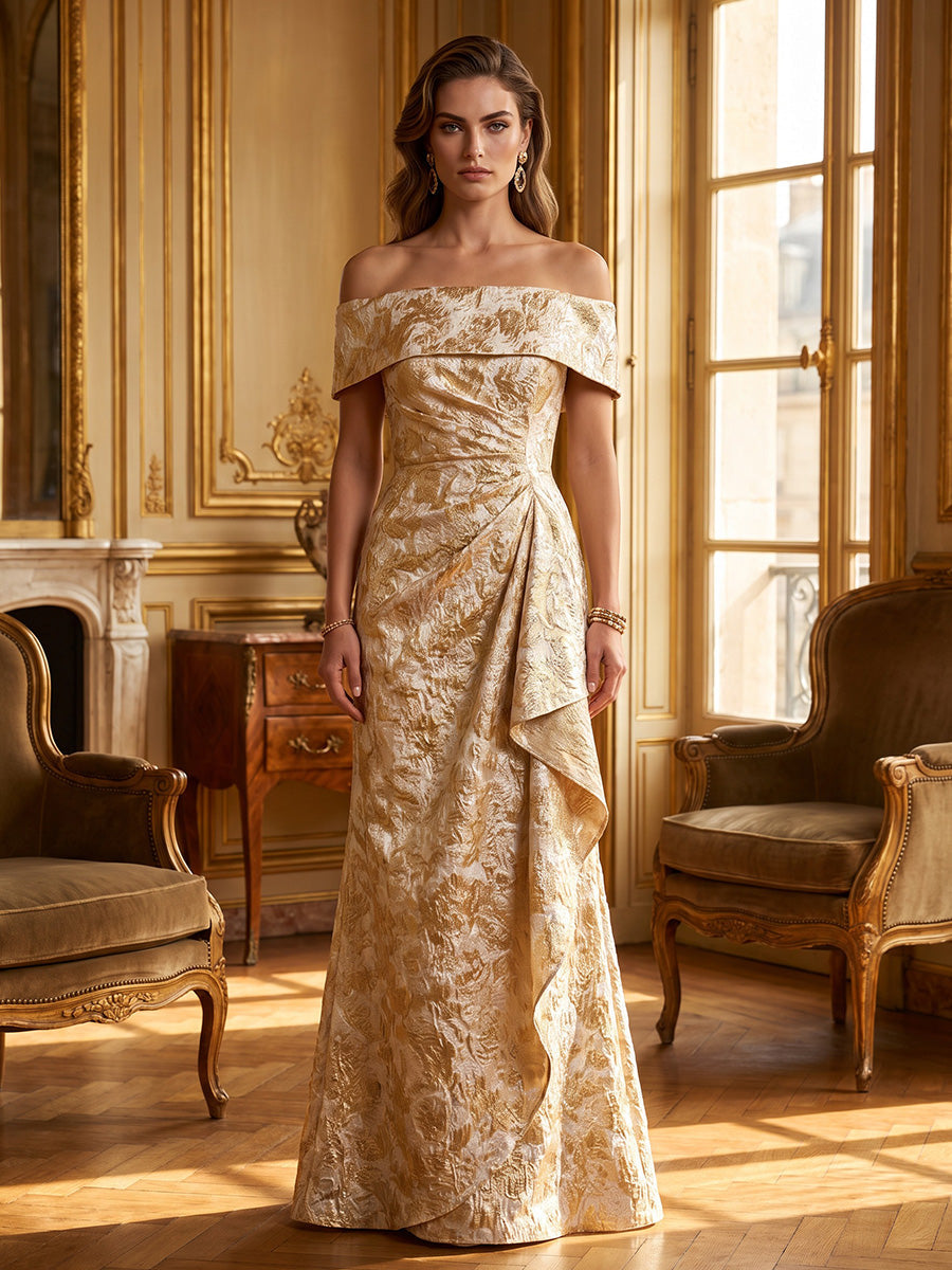 A-Line/Princess One-Shoulder Jacquard Formal Dresses Floor-Length Sleeveless Evening Dresses Ruffles