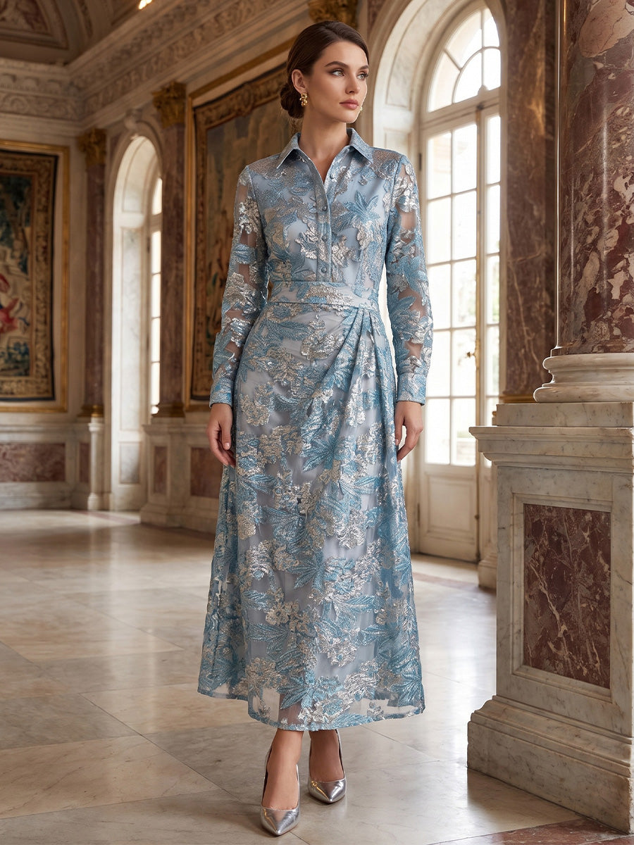A-Line/Princess Shirt Collar Floral Formal Dresses Ankle-Length Long Sleeves Evening Dresses
