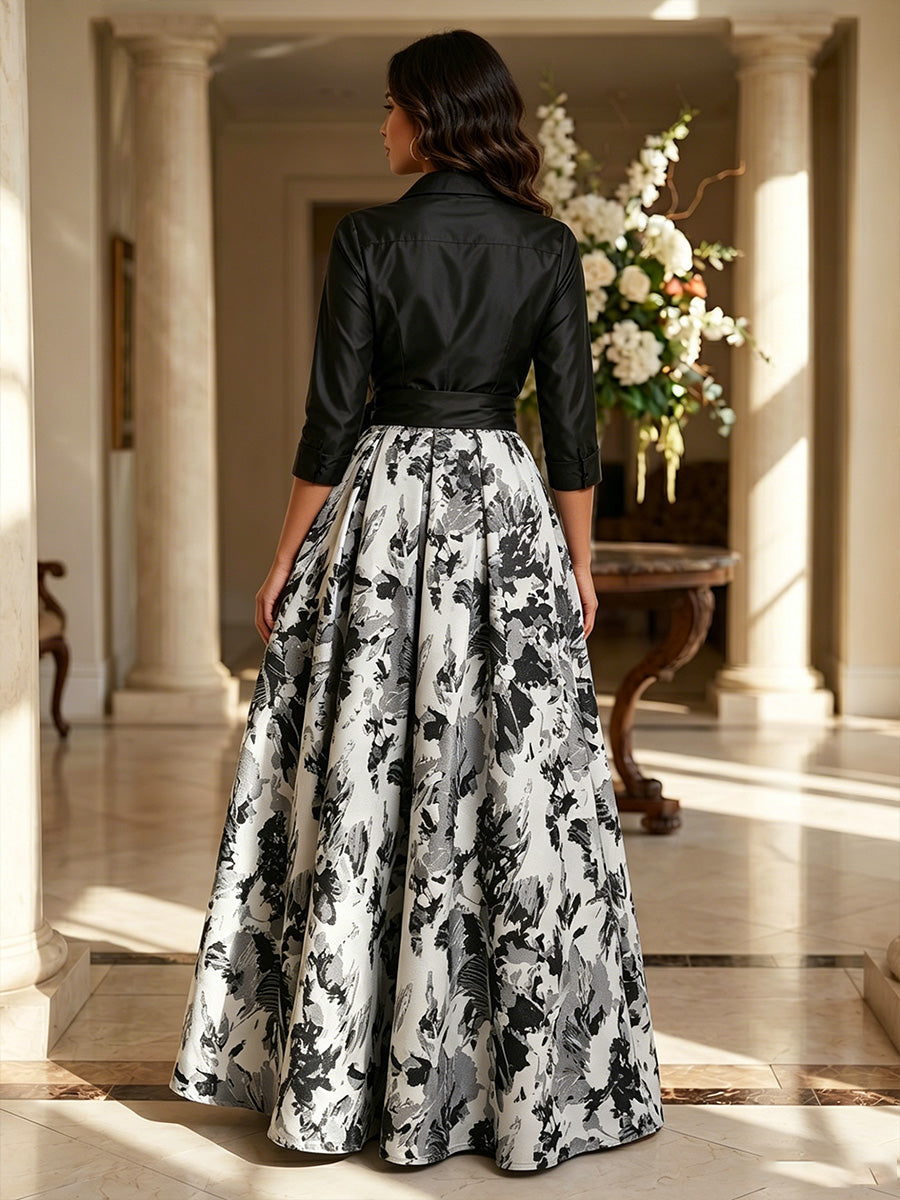 A-Line/Princess V-Neck Jacquard Formal Dresses Floor-Length 3/4 Sleeves Evening Dresses Bowknot