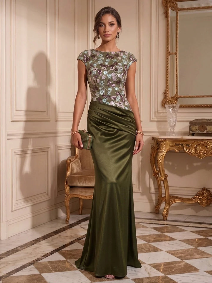Sheath/Column Jewel Neck Silk Satin Evening Dresses Floral Sequins Floor-Length Cap Sleeves Formal Dresses Ruched