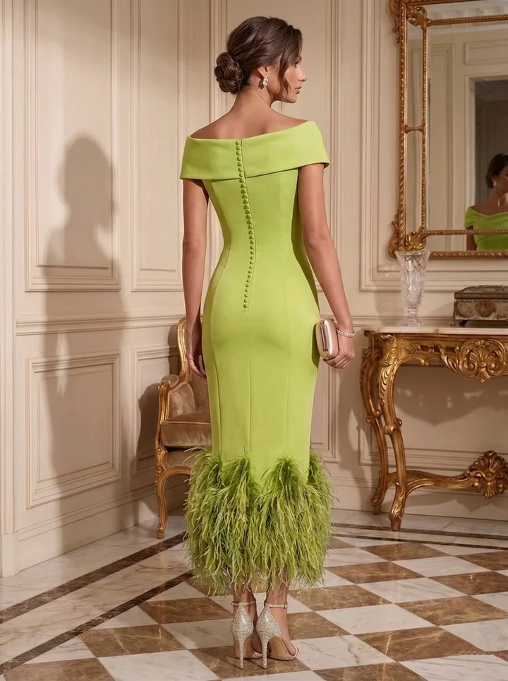 Sheath/Column Off-the-Shoulder Stretch Satin Evening Dresses Tea-Length Sleeveless Feathers Formal Dresses