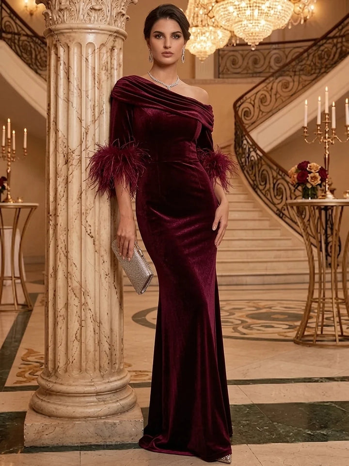 Sheath/Column One-Shoulder Velvet Evening Dresses with Feathers Floor-Length Half Sleeves Ruched Formal Dresses