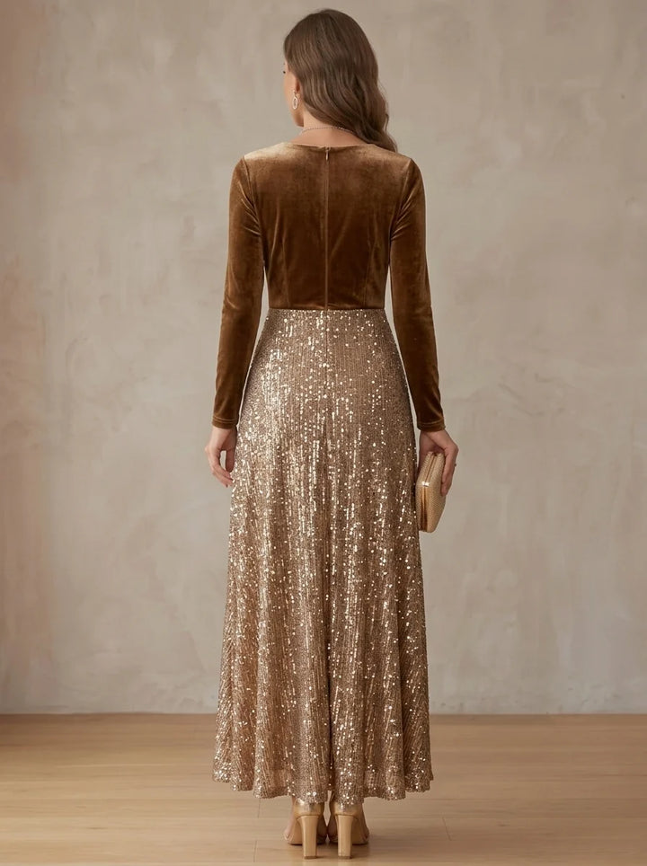 A-Line/Princess V-Neck Velvet Cocktail Dresses Sequins Long Sleeves Ruched Ankle-Length Party Dresses