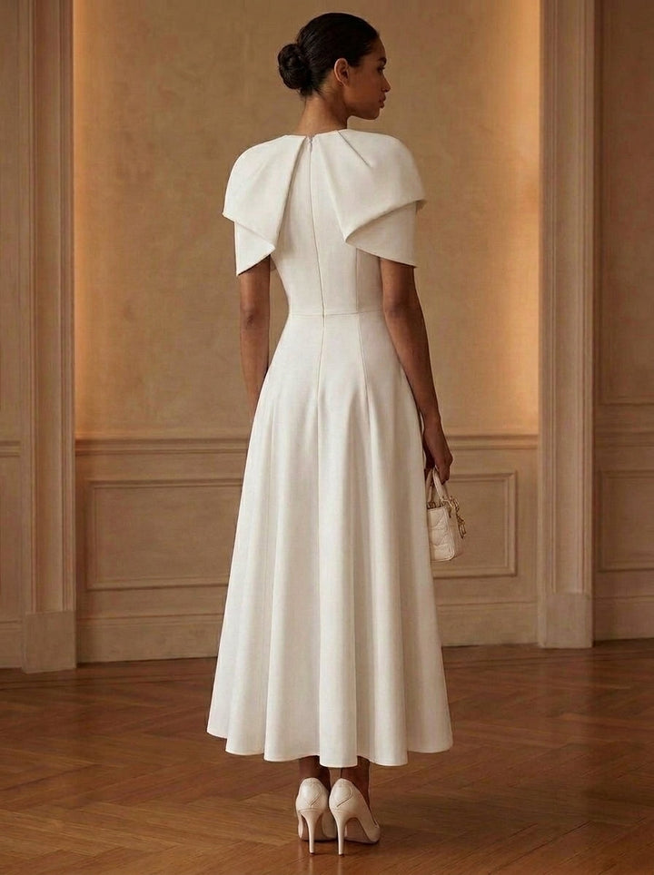 A-Line/Princess Scoop Stretch Satin Cocktail Dresses Tea-Length Short Sleeves Little White Dresses Party Dresses