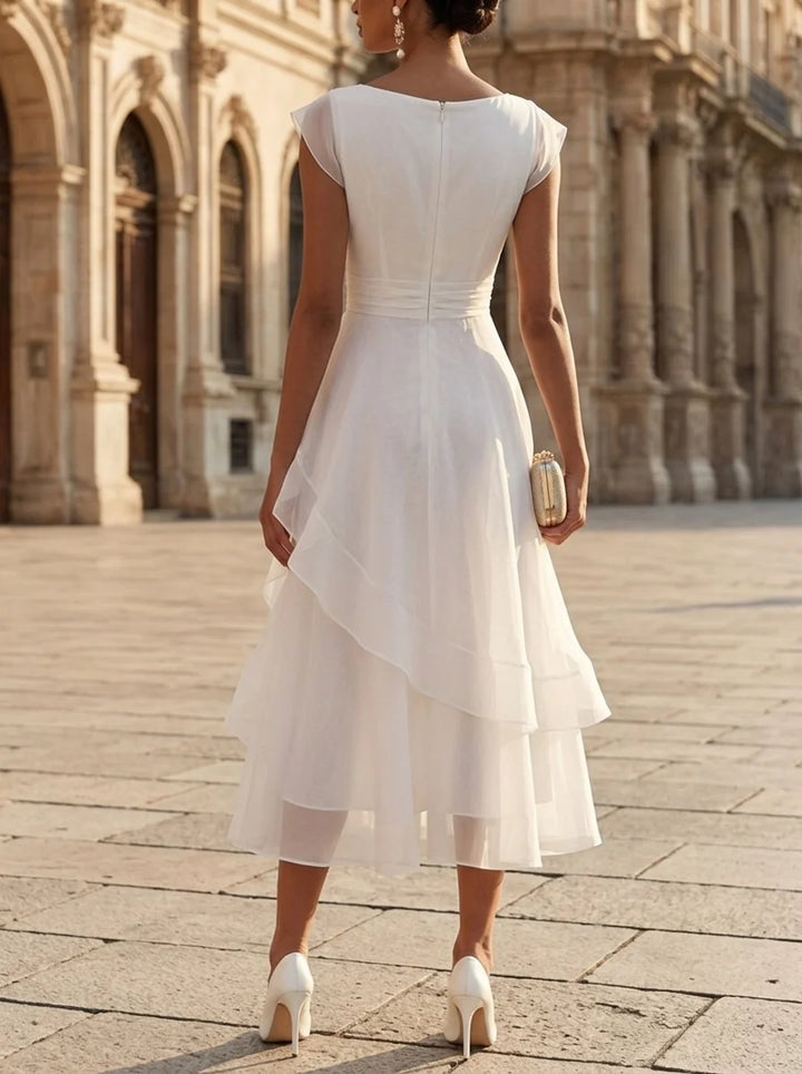 A-Line/Princess Boat Neck Cocktail Dresses Organza Tea-Length Cap Sleeves Little White Dresses Ruffles Party Dresses