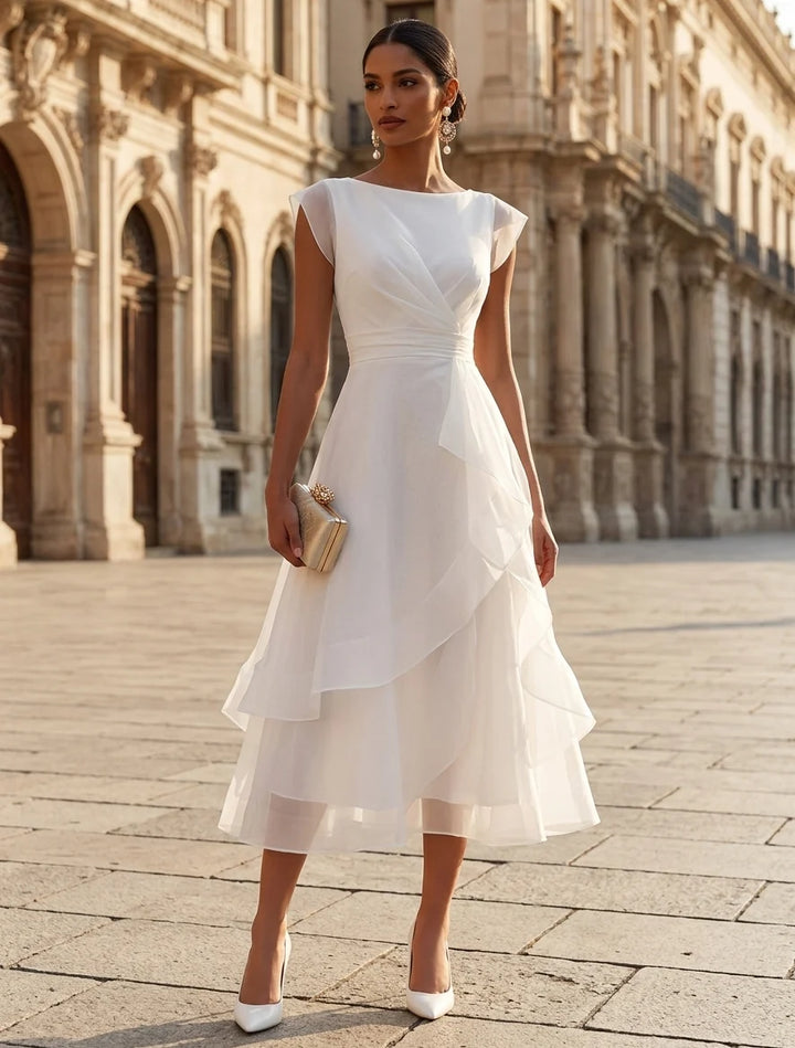 A-Line/Princess Boat Neck Cocktail Dresses Organza Tea-Length Cap Sleeves Little White Dresses Ruffles Party Dresses