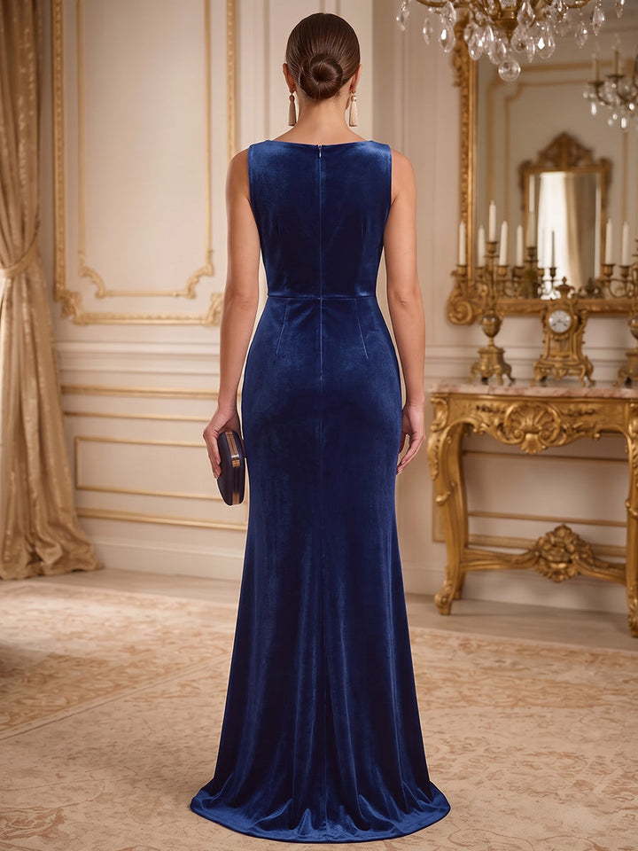 Sheath/Column Scoop Velvet Formal Dresses with Split Side Floor-Length Sleeveless Evening Dresses