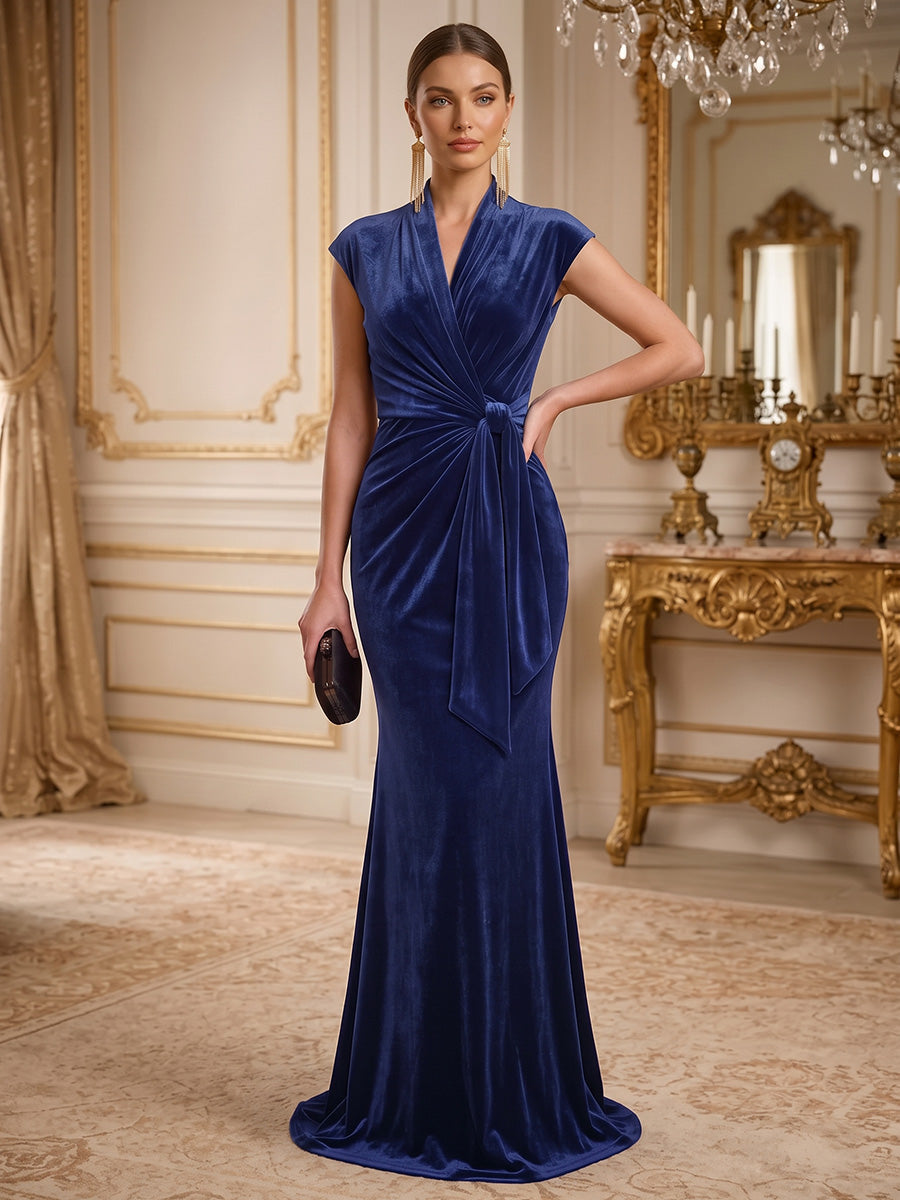 Sheath/Column V-Neck Velvet Formal Dresses Floor-Length Ruched Cap Sleeves Evening Dresses