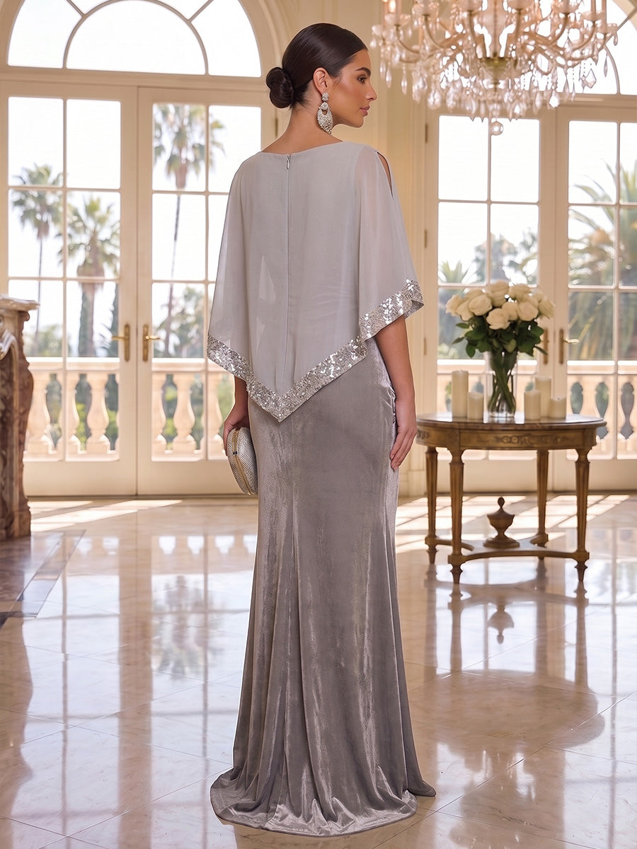 Sheath/Column Scoop Velvet Mother of the Bride Dresses Floor-Length Chiffon Cape Sleeves